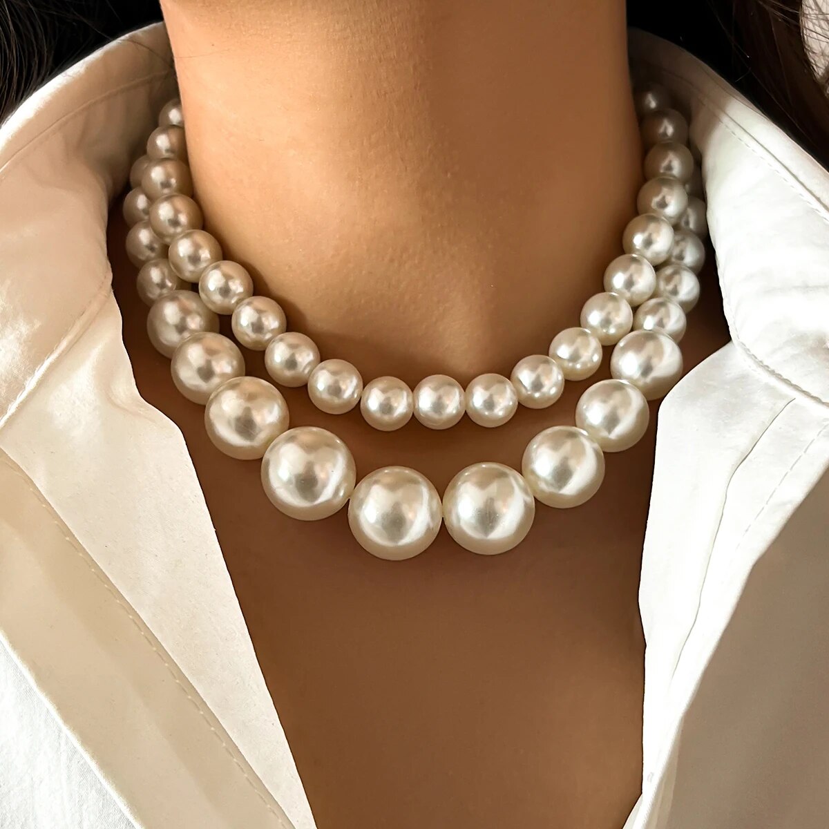 Pearl Choker Necklace Vintage - 2Pcs/Set Exaggerated Big Imitation Pearl Clavicle