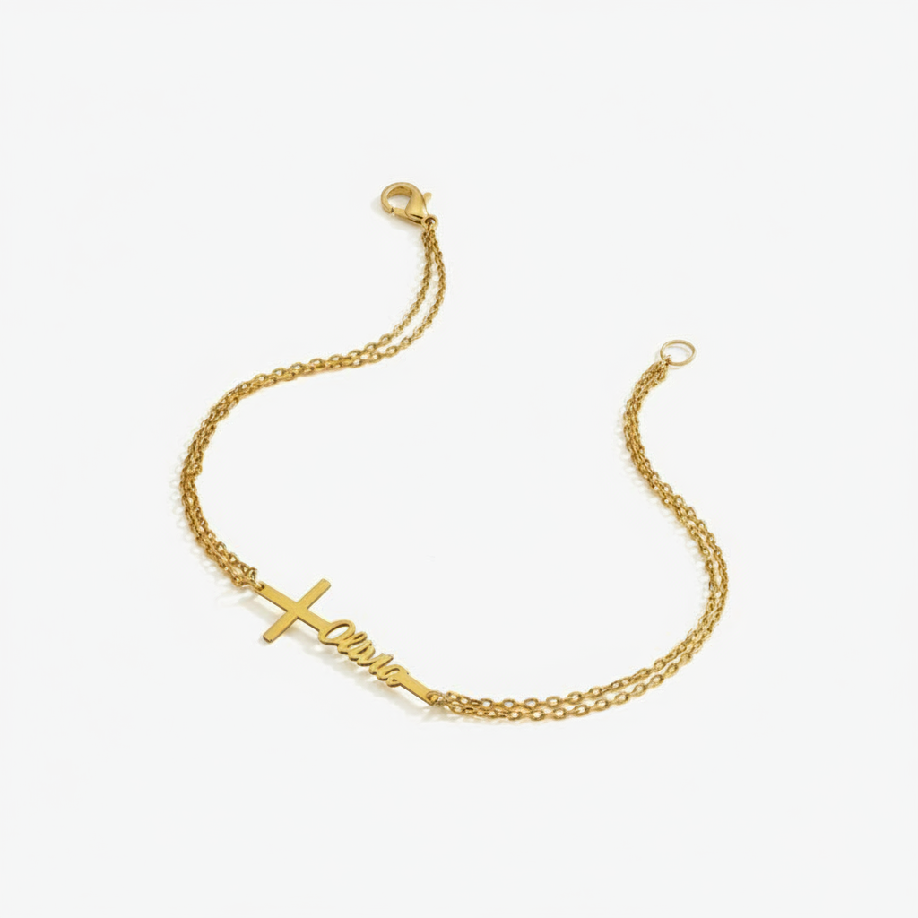 Custom Baptism Name Bracelet P - Cross Pendant Necklace Gold 评论和价格