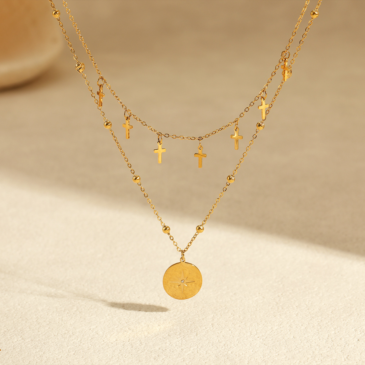 Vintage Double Layer Cross Nec - Layered Pendant Necklace Aesthetic 评论和价格