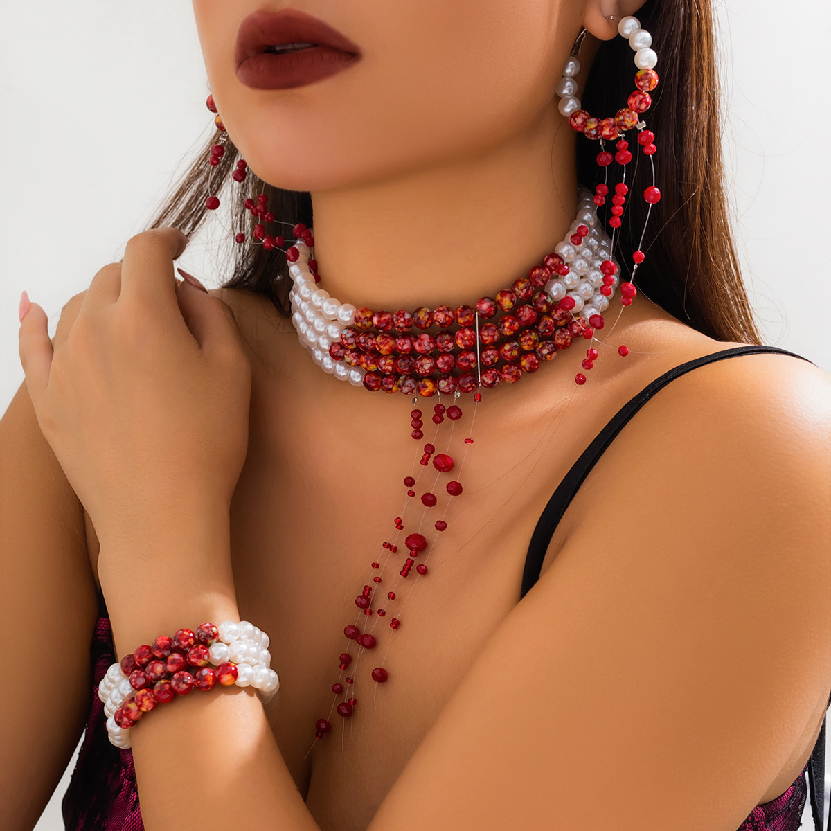 Multilayer Vintage Red Blood P - Pearl Choker Necklace Vintage 评论和价格