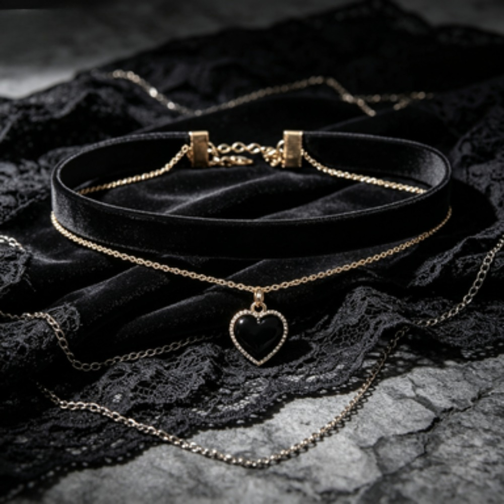 Multi Layer Black Peach Heart  - Layered Pendant Necklace Aesthetic 评论和价格
