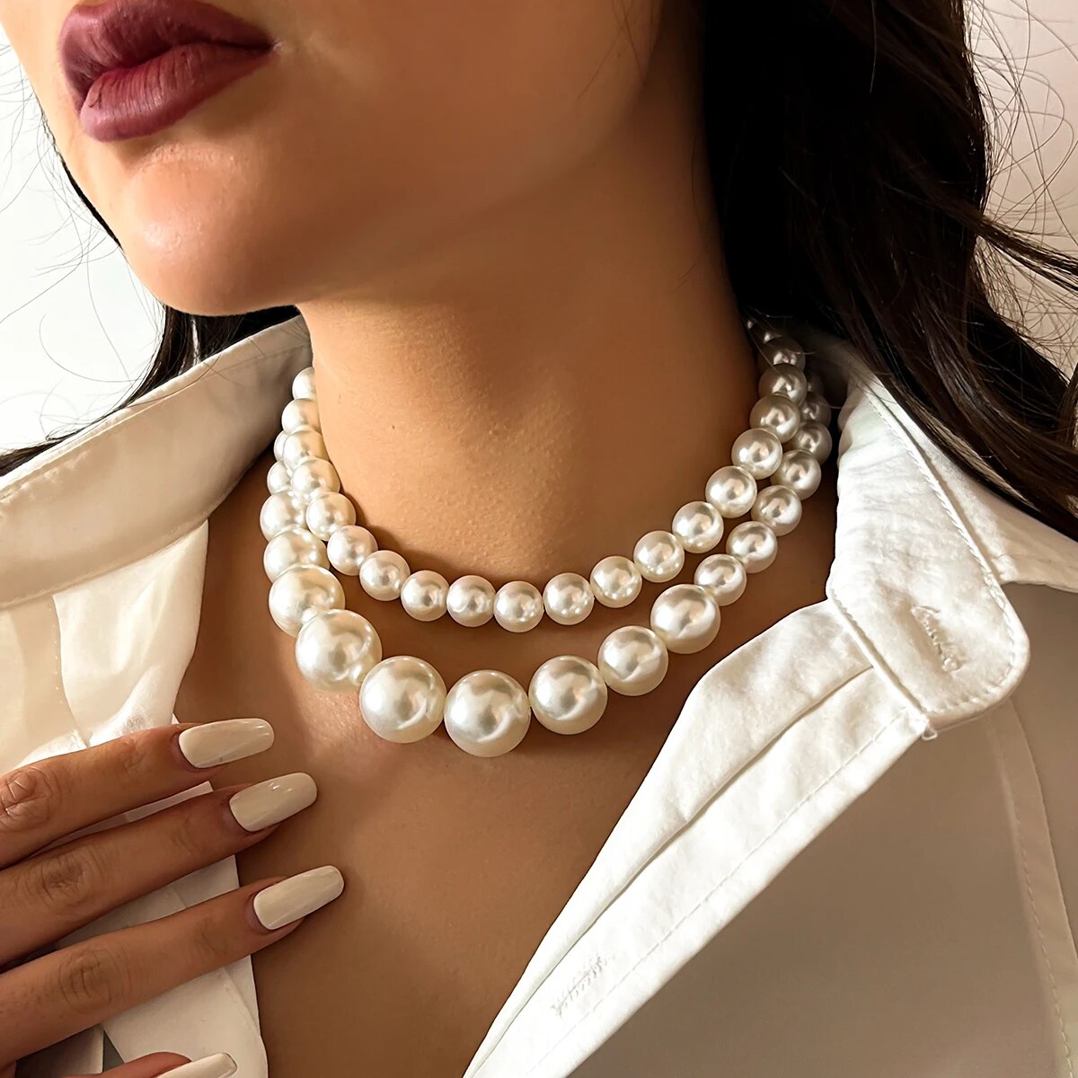 2Pcs/Set Exaggerated Big Imita - Pearl Choker Necklace Vintage 评论和价格