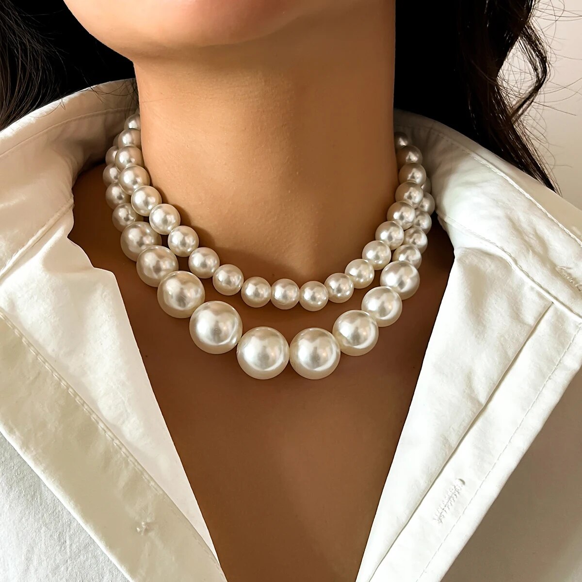 2Pcs/Set Exaggerated Big Imita - Pearl Choker Necklace Vintage 评论和价格